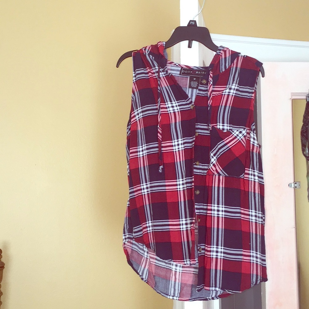 Plaid sleeveless T-shirt with hood